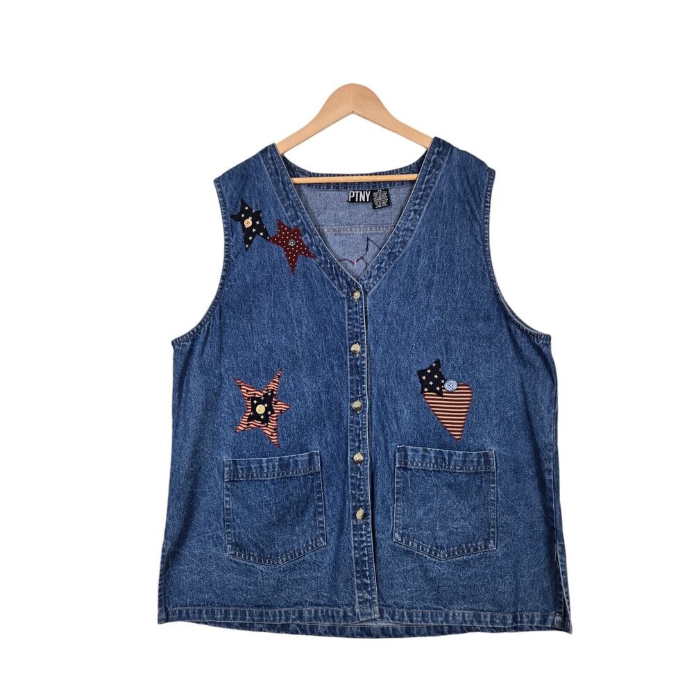 Vintage Americana Denim Vest 2X Patchwork Folk Art Cottagecore Patriotic
